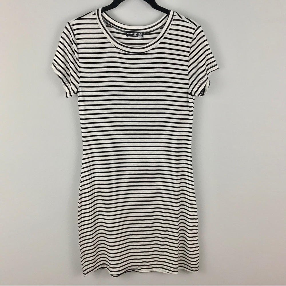 Body Con Striped Dress Short Sleeve Fitted Black - Picture 3 of 4